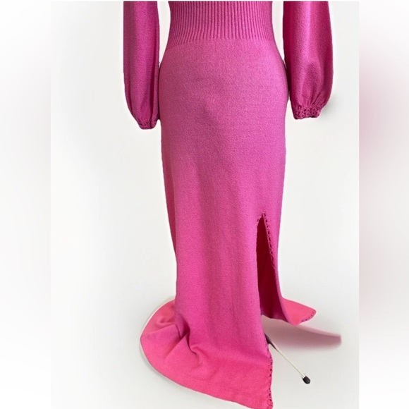Vintage 70s Dolphin California Hand Knit Pink Maxi Gown Dress w/ Slit - Picture 3 of 14
